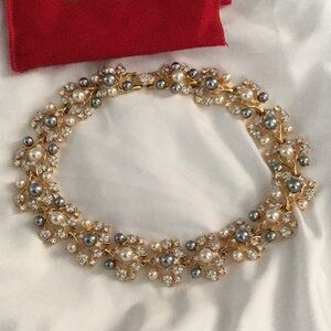 KJL Kenneth Jay Lane Floral Crystal and  Faux Pearl Leaf Link Necklace